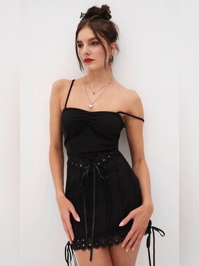 For Love & Lemons Sistine Mini Black Lace-Trim Slip Dress